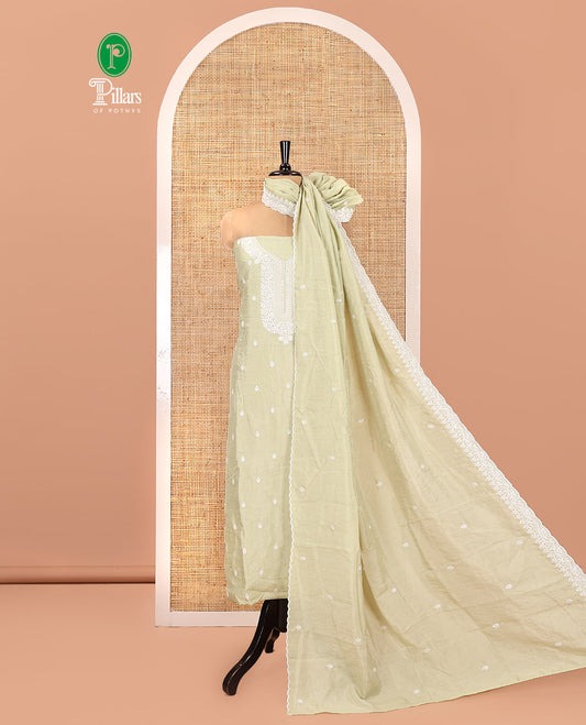 Pista Green Mul Chanderi Material Chudidar Set, Thread-Embroidered Top, Plain Bottom, Thread-Embroidered Dupatta