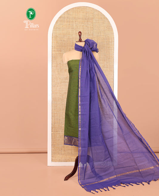 Green Handloom Cotton Material Chudidar, Plain and Contrast Traditional Zari-Bordered Top, a Contrast Plain Bottom, and Contrast Dupatta