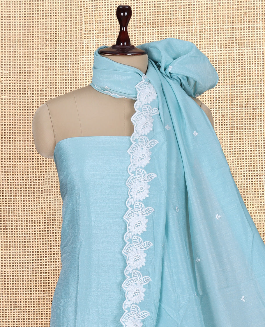 Sea Blue Mul Chanderi Material Churidar with Delicate Floral Embroidered Top, a Plain Bottom, and Scallop Embroidered Dupatta