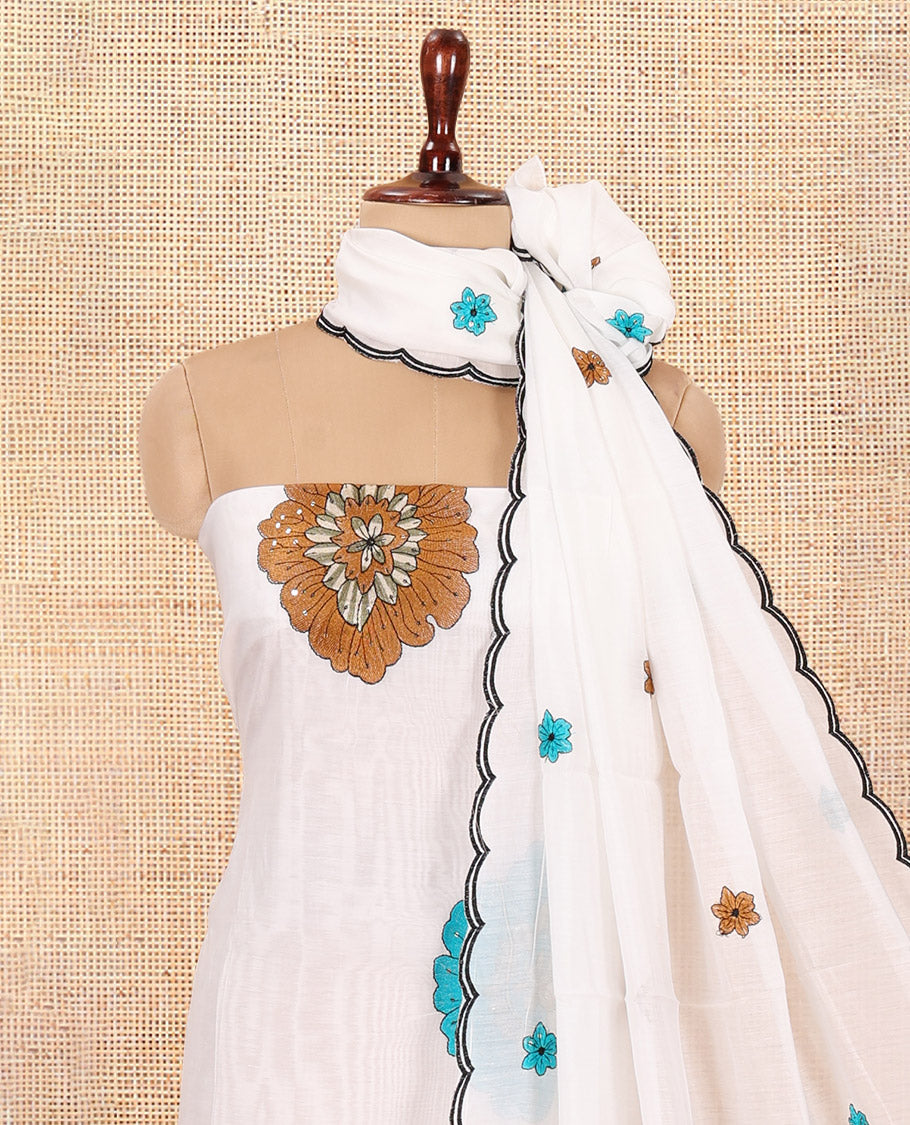 Cream-Brown Mul Chanderi Material Chudidar, Floral Embroidery Top, Matching Bottom, Floral Embroidery Dupatta