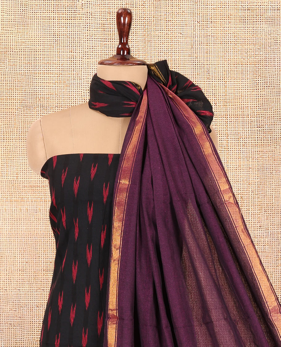 Black-Dark Purple Pure Cotton Saree Material Chudidar Ikat Buttas Top, a Contrast Bottom, and Ikat Buttas Dupatta