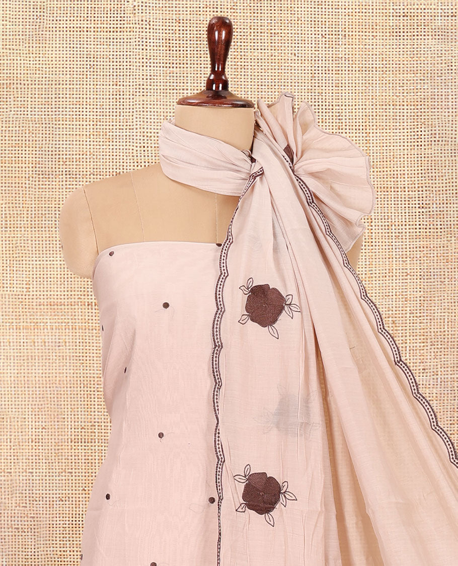 Fawn Mul Chanderi Material Chudiddar, Floral Embroidered Top, Plain Bottom, Scallop Embroidered Dupatta