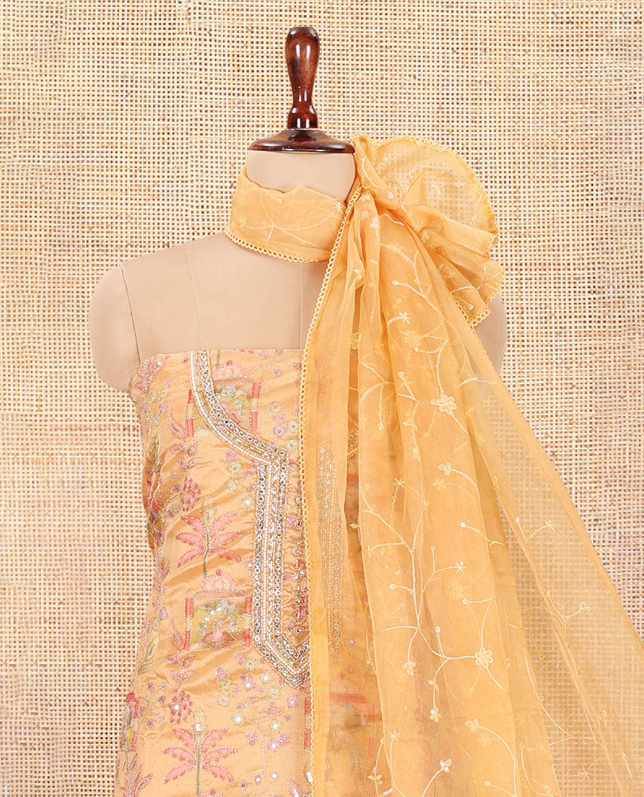 Golden Chikku Organza Material Churidar, Intricately Printed Outlined Embroidery Top, a Matching Bottom, and a Floral Embroidered Dupatta