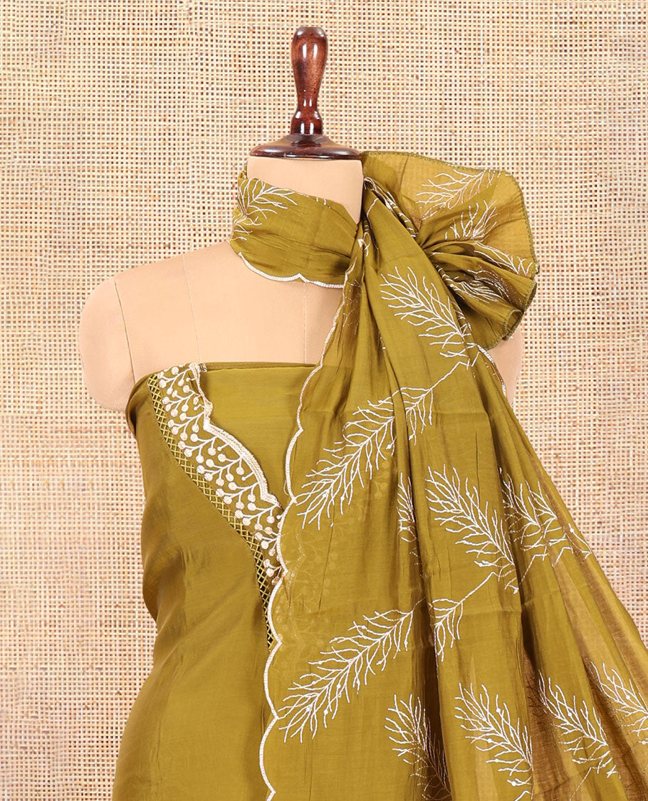 Mehendi Green Mul Chanderi Material Churidar Set, V-Neck Thread Embroidered Top, a Matching Bottom, a Thread Leaf Embroidered Dupatta