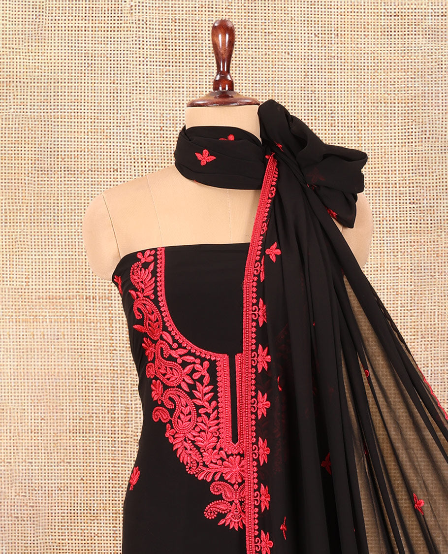Black-Red Georgette Material Churidar Features Floral-Paisley Embroidered Top, Plain Bottom, Thread Embroidered Dupatta