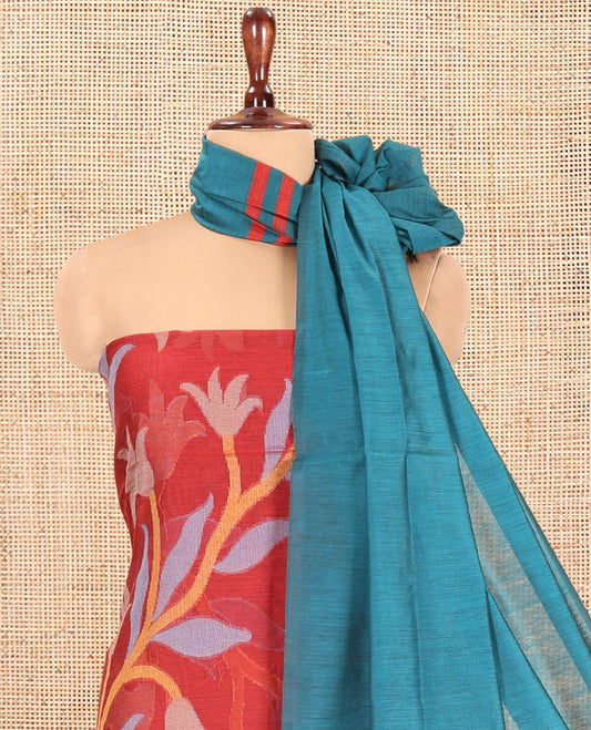 Maroon Chanderi Silk Material Chudidar Features Jamdani Floral Top, Contrast Bottom and Dupatta