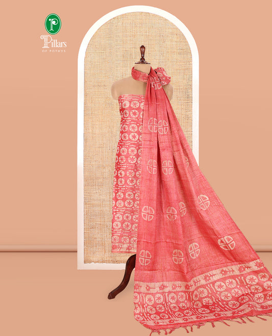 Tomato Pink Semi-Silk Khadi Jute Material Chudidar Set