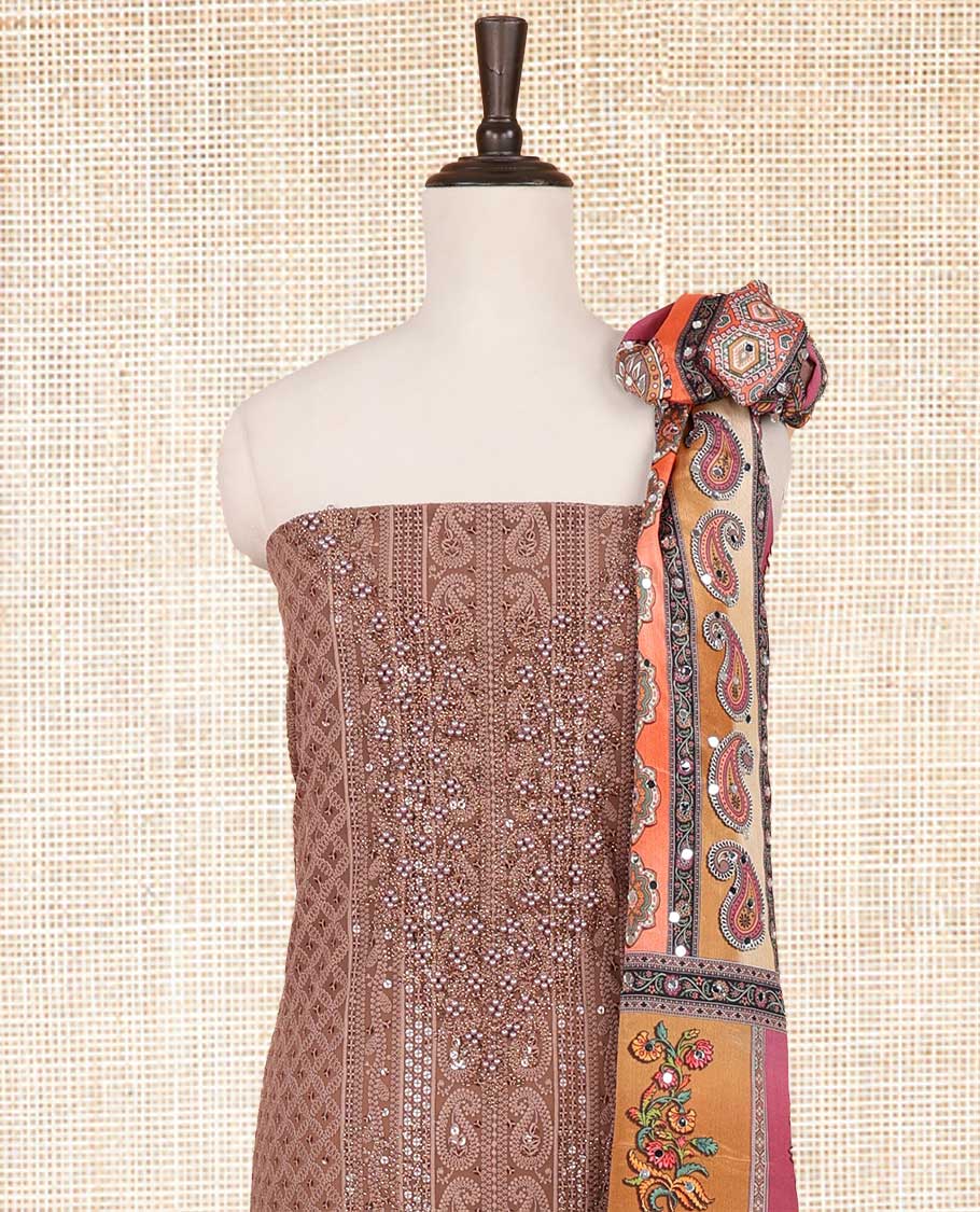 Chocolate brown shifli sequins work, swarovski stone, moti work georgette chudidhar material top with american crepe pant & chinnon material digital print , mirror work dupatta