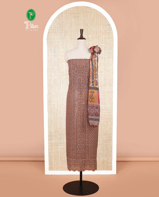 Chocolate brown shifli sequins work, swarovski stone, moti work georgette chudidhar material top with american crepe pant & chinnon material digital print , mirror work dupatta