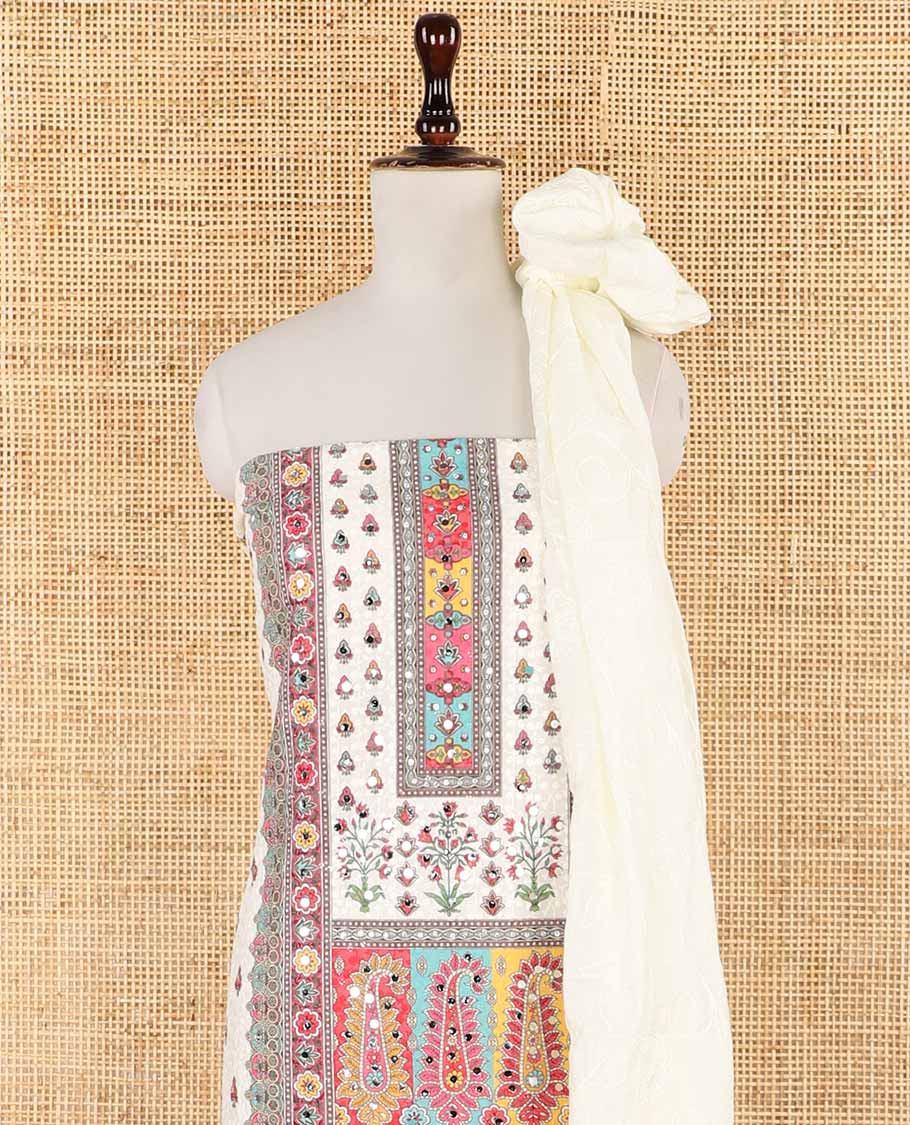 Cream with multi-color chikankari , butta design, mirror work cotton chudidhar material top with cotton pant & chikankari embroidery dupatta