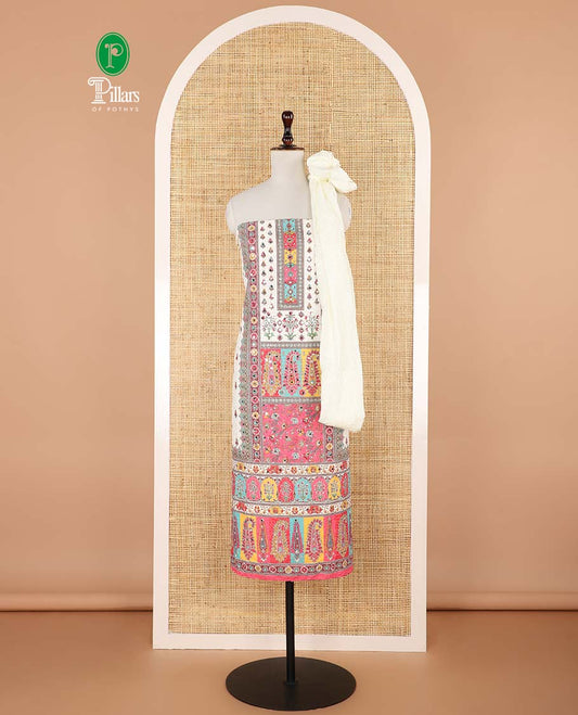 Cream with multi-color chikankari , butta design, mirror work cotton chudidhar material top with cotton pant & chikankari embroidery dupatta