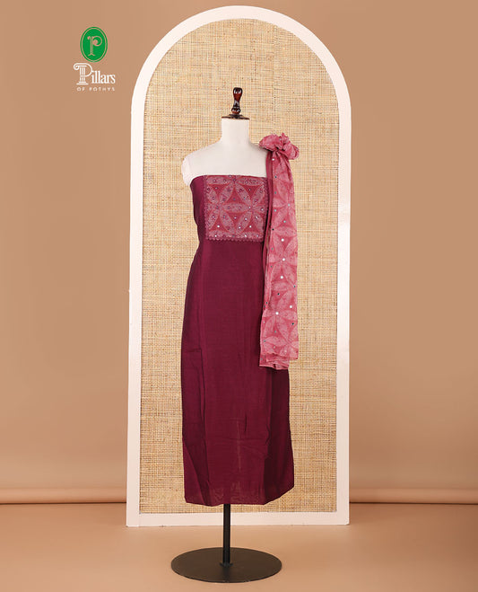 Wine material chudidar, brasso floral print & mirrorwork vichitra silk top, santoon bottom & shimmer georgette dupatta of floral print & mirrorwork