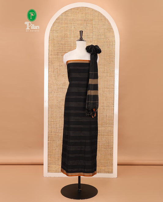 Black mercerized cotton material chudidar set,vertical striped contrast border top, matching threadwork bottom & traditional border matching dupatta