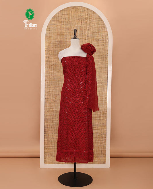 Maroon material chudidar set, intricately schiffli embroidered georgette top & sequins embroidered scallop georgette dupatta