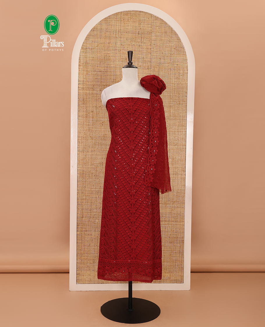 Maroon material chudidar set, intricately schiffli embroidered georgette top & sequins embroidered scallop georgette dupatta