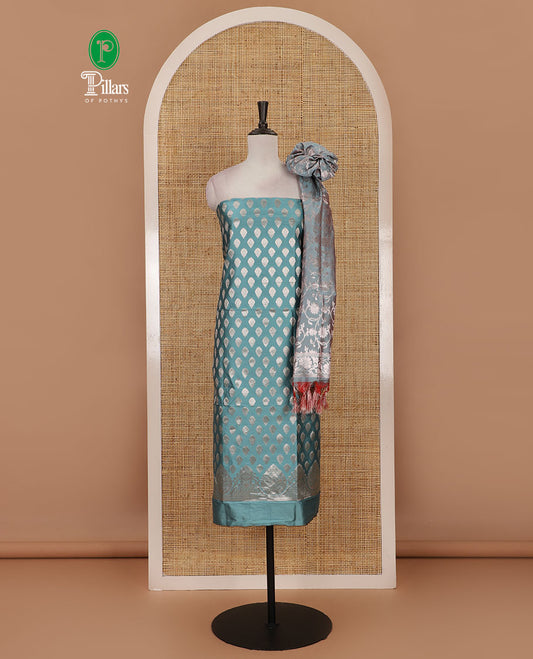 Teal banarasi material chudidar set, zari buttas woven top, plain bottom, and floral jaal jacquard taffeta silk dupatta