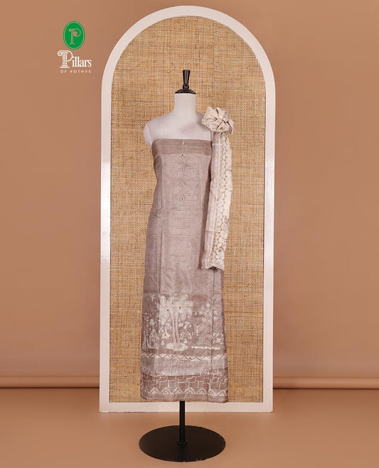 Fawn material churidar set, warli tribe village theme print with mirror work semi-tussar top, plain bottom, and warli tribe village theme print semi-tussar dupatta