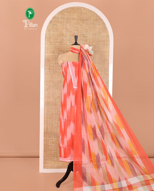 Tomota Red Material Chudidhar Set Featuring Delicately Ikkat Woven Handloom Cotton Top, Plain Cotton Bottom, and Handloom Cotton Ikkat Textured Dupatta