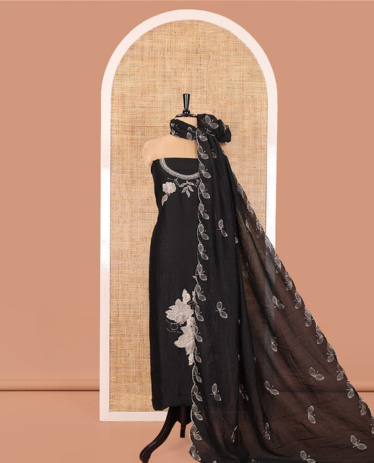 Black Material Chudidhar Set, Ornamented with an Floral Motifs Embroidered on its Vichitra Silk Top, Plain Santoon Bottom, and Vichitra Silk Dupatta of Leaf Motifs Embroidery
