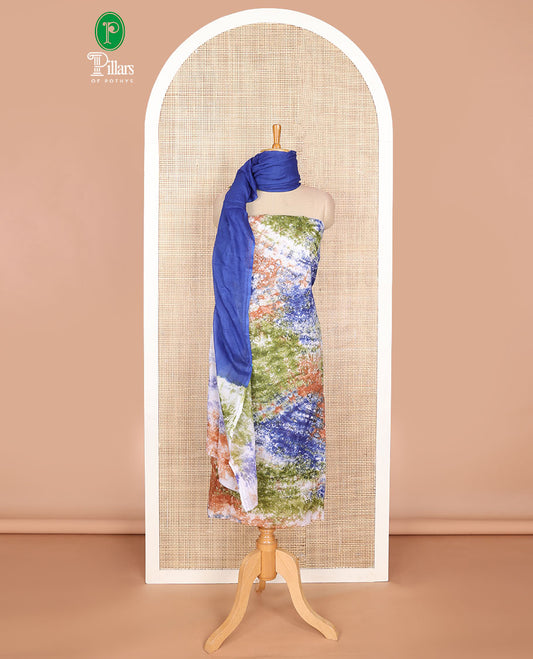 Multi-color chudidhar material pure cotton batik print top with cotton pants & double side hand print dupatta