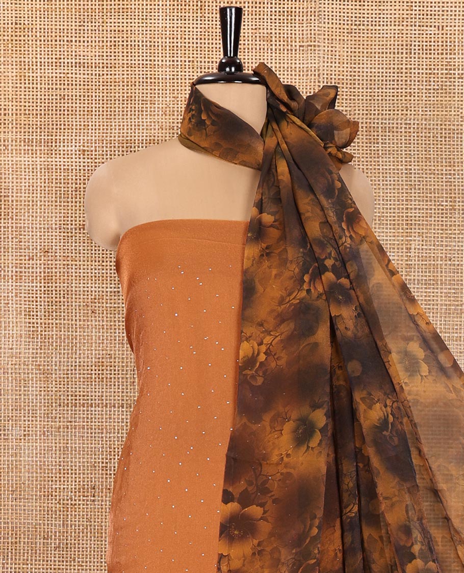 Orange Material Churidar Set, Spotlighted with Swarovski Stone Work Nc Moss Organza Top, Comes with a Plain Santoon Bottom, and Floral Printed Nc Moss Organza Dupatta