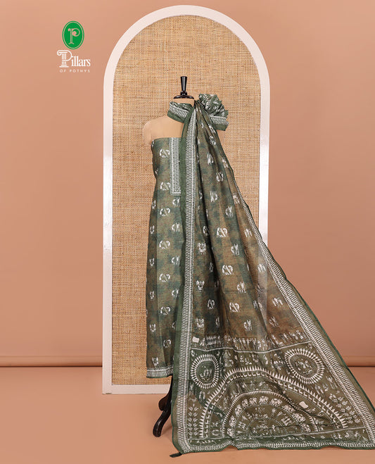 Green Material Churidar Set, Artfully Designed with Warli Motifs Printed on Chanderi Top, Comes with a Plain Santoon Bottom, and Is Paired with a Chanderi Dupatta Featuring Warli-Village Themed Motifs Print