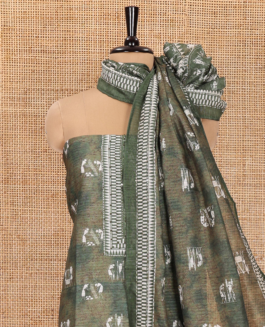 Green Material Churidar Set, Artfully Designed with Warli Motifs Printed on Chanderi Top, Comes with a Plain Santoon Bottom, and Is Paired with a Chanderi Dupatta Featuring Warli-Village Themed Motifs Print