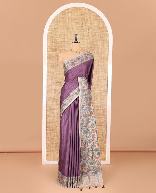 Purple plain fancy tussar saree, contrast floral creeper border, pallu of kalamkari floral vine print, and floral printed blouse