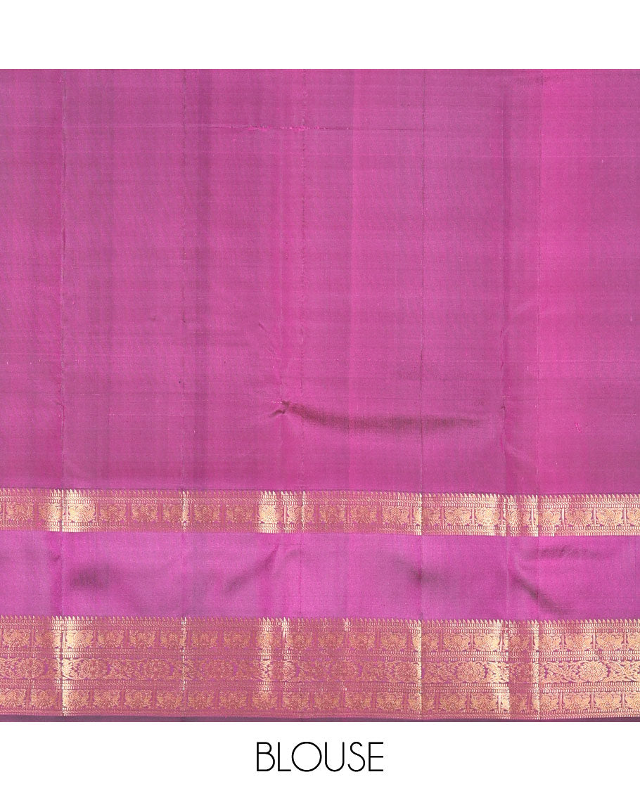Orange Vasundhara Silk Saree Featuring Zari Checks and Annam Chakram Buttas, Complemented by a Contrast Rettai Pettu Border with Muthu, Yaali, and Kodi Visiry Designs, a Jaal Pallu, and a Contrast Zari-Bordered Blouse