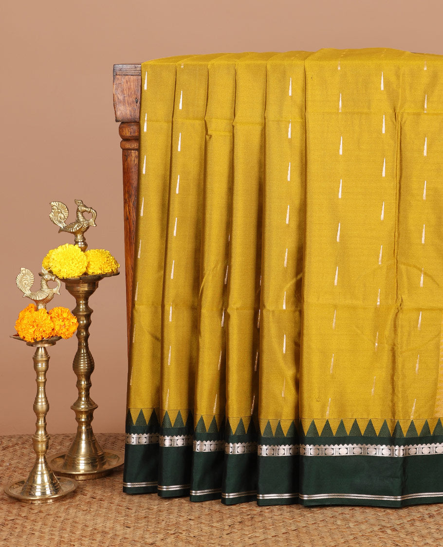 Mehendi green zari butta semi soft silk saree with rettai pettu, temple border grand pallu along with plain blouse