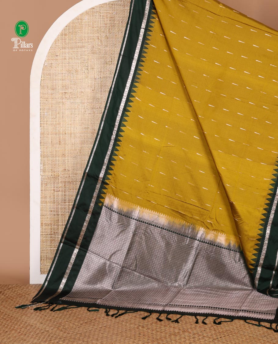 Mehendi green zari butta semi soft silk saree with rettai pettu, temple border grand pallu along with plain blouse