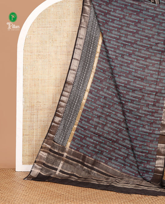 Purple checked chanderi cotton saree printed with pine-tree motifs,contrast traditional zari border & zari checked pallu