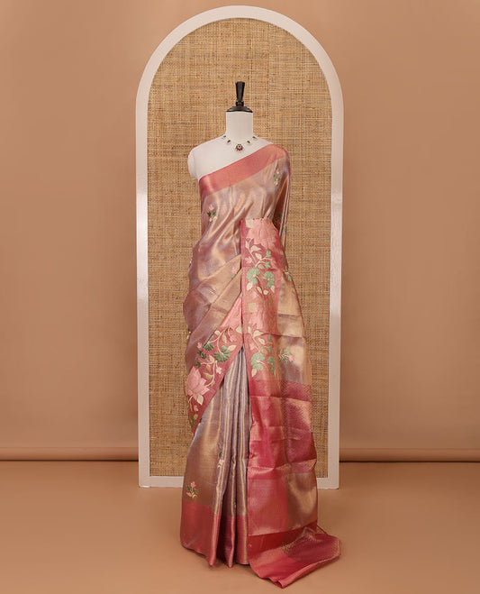 Dark pink floral thread embroidery celebrity tissue saree, floral vine multi-color thread embroidered border & embroidery pallu