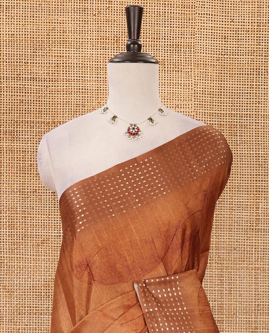 Mustard leaf motifs eco-digital printed fancy tussar saree, zari border, pallu of dobby-style buttas & matching zari design blouse