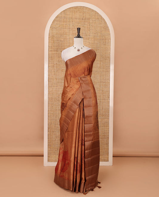 Mustard leaf motifs eco-digital printed fancy tussar saree, zari border, pallu of dobby-style buttas & matching zari design blouse