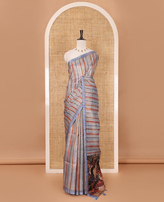 Borderless grey checked & stripes printed fancy tussar saree, contrast painting-style Indian woven motifs printed pallu & checked printed blouse