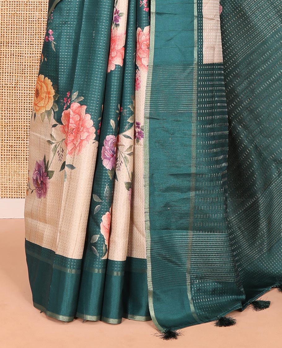 Rama green diagonal floral striped digital printed fancy tussar saree, contrast striped border, zari design pallu, and a contrast floral printed blouse