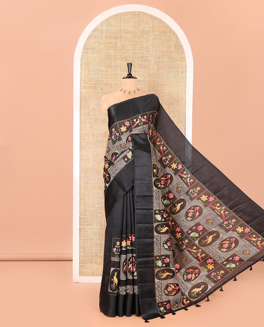 Black Green-Silk Saree, Artfully Embroidered with Mughal-Style Floral-Fauna Enclosed Jaal Designs, Subtle Satin Border, Artfully Multi-Color Embroidered Pallu, and Paired with a Matching Blouse