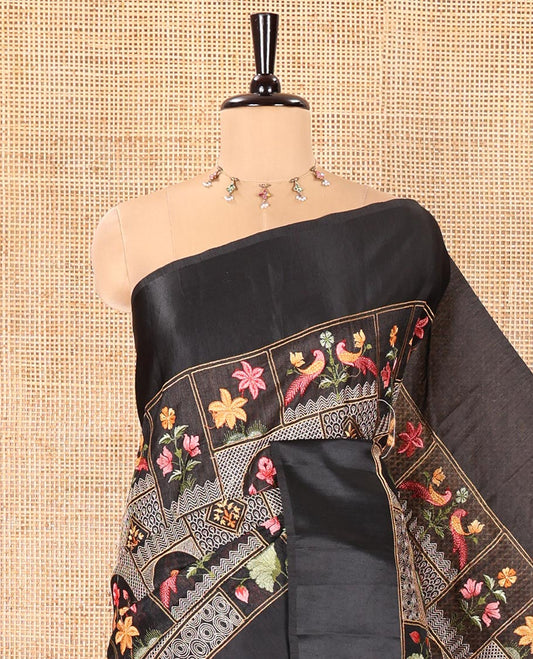 Black Green-Silk Saree, Artfully Embroidered with Mughal-Style Floral-Fauna Enclosed Jaal Designs, Subtle Satin Border, Artfully Multi-Color Embroidered Pallu, and Paired with a Matching Blouse