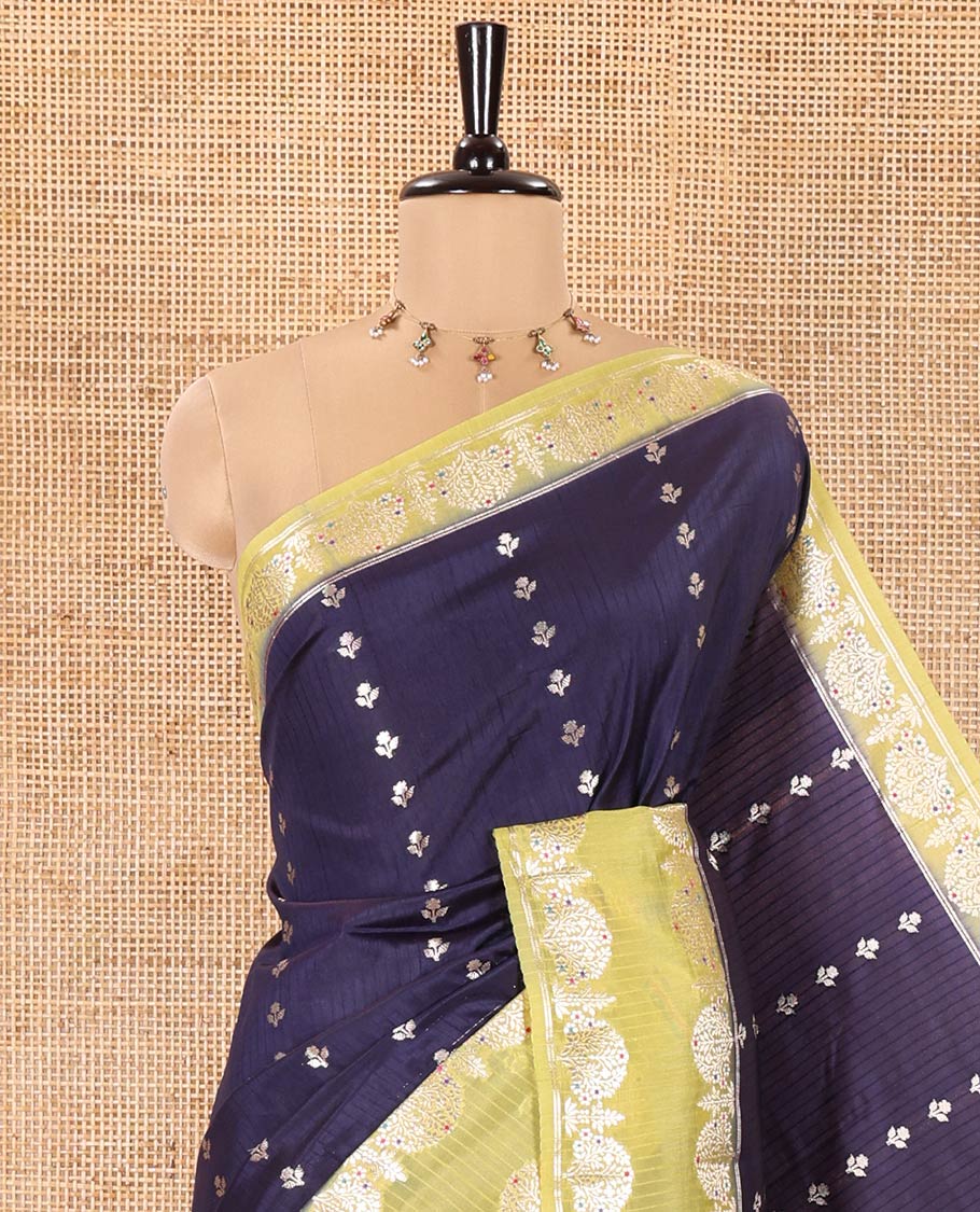 Blue-Colored Green Mango-Silk Saree, Enriched with Floral Zari Buttas All Over Its Body, Complemented by a Contrast Meenakari-Zari Floral Design Border, Pallu of Floral Jaal Designs, and Paired with a Contrast Blouse