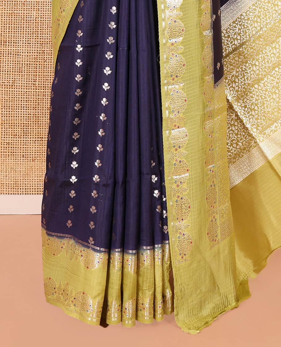 Blue-Colored Green Mango-Silk Saree, Enriched with Floral Zari Buttas All Over Its Body, Complemented by a Contrast Meenakari-Zari Floral Design Border, Pallu of Floral Jaal Designs, and Paired with a Contrast Blouse