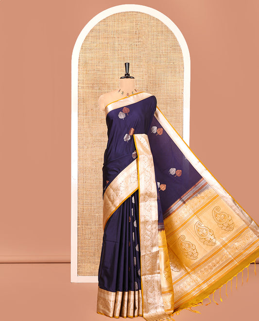 Dark Violet Semi-Soft Silk Saree, Embellished with Tree Zari Buttas All Over Its Body, Complemented by a Contrast Traditional Zari Design Border, Pallu of Paisleys, and Paired with a Contrast Blouse