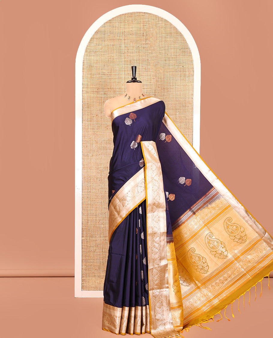 Dark Violet Semi-Soft Silk Saree, Embellished with Tree Zari Buttas All Over Its Body, Complemented by a Contrast Traditional Zari Design Border, Pallu of Paisleys, and Paired with a Contrast Blouse