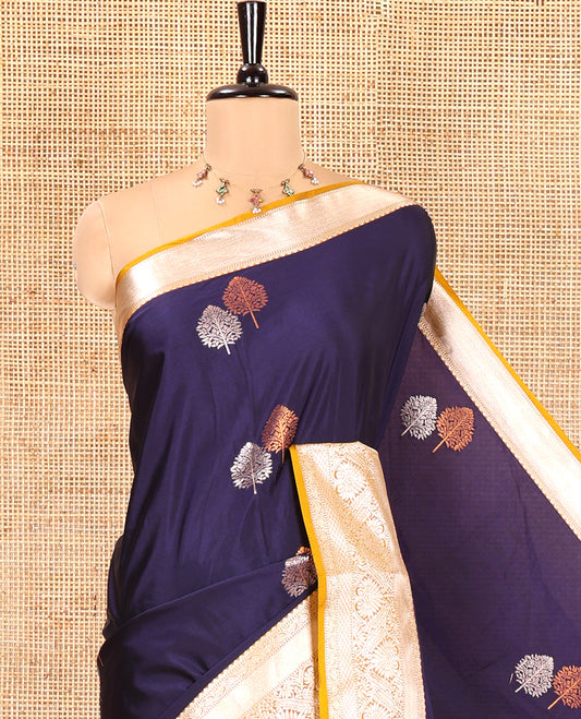 Dark Violet Semi-Soft Silk Saree, Embellished with Tree Zari Buttas All Over Its Body, Complemented by a Contrast Traditional Zari Design Border, Pallu of Paisleys, and Paired with a Contrast Blouse