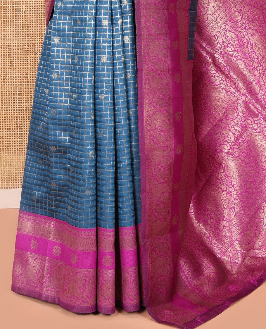Rama Blue Litchi Saree Features Buttas and Checks, Contrast Traditional Peacock Border, Intricate Pallu, and a Contrast Blouse