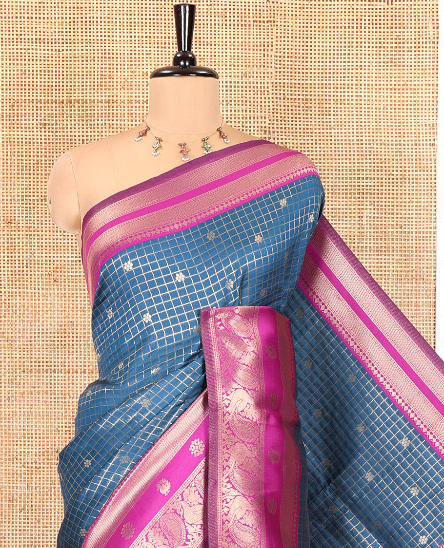 Rama Blue Litchi Saree Features Buttas and Checks, Contrast Traditional Peacock Border, Intricate Pallu, and a Contrast Blouse