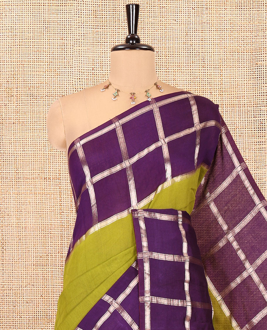 Mehendi Green Plain Assam Silk Saree, Contrast Gharchola Checked Border, Gleaming Zari Striped Pallu, and a Contrast Blouse