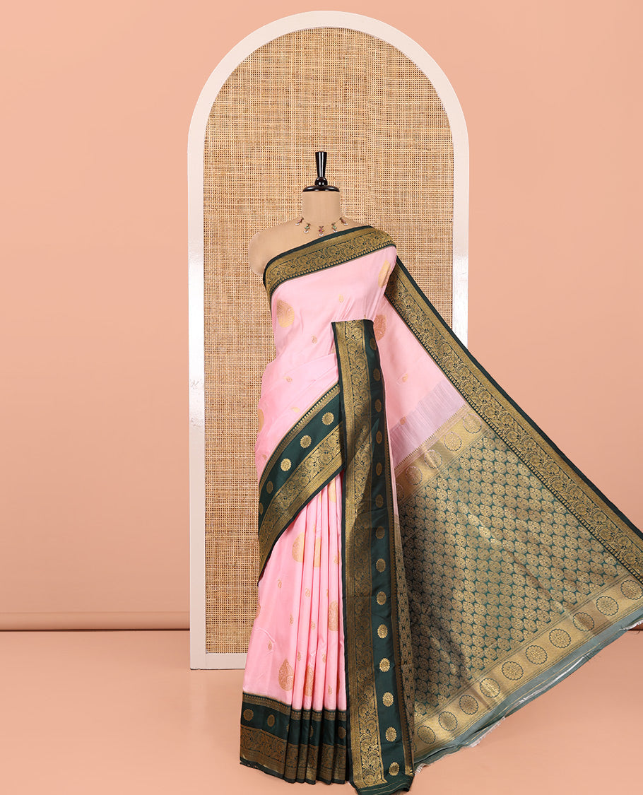 Peach Art Silk Saree, Enriched with Zari Buttas, a Contrast Traditional Zari Border, Grand Pallu and a Contrast Blouse