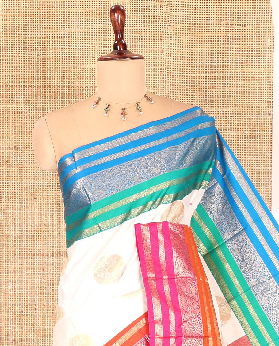 Off-White Budget Silk Saree, Enthralled with Zari Buttas, Contrast Ganga-Jamuna Traditional Border, Grand Pallu, and a Contrast Blouse