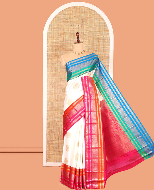 Off-White Budget Silk Saree, Enthralled with Zari Buttas, Contrast Ganga-Jamuna Traditional Border, Grand Pallu, and a Contrast Blouse